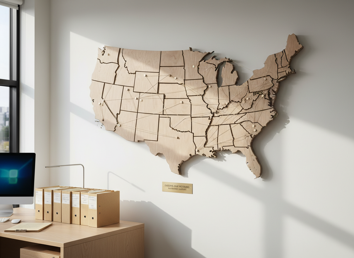 A detailed, large wall map of the United States made from layered, matte-finish wood panels, with tiny neutral-toned pins and string paths connecting different regions, symbolizing guidance for veterans. The map is mounted in a clean, modern nonprofit office with light oak furniture, organized folders, and a computer monitor softly out of focus. Late afternoon natural light filters through a nearby window, creating gentle highlights on the wood grain and subtle shadows on the wall. Photographic realism at eye level, with a shallow depth of field emphasizing the map’s tactile texture. The mood is professional, calm, and reassuring, conveying organized support and nationwide reach without any people present.