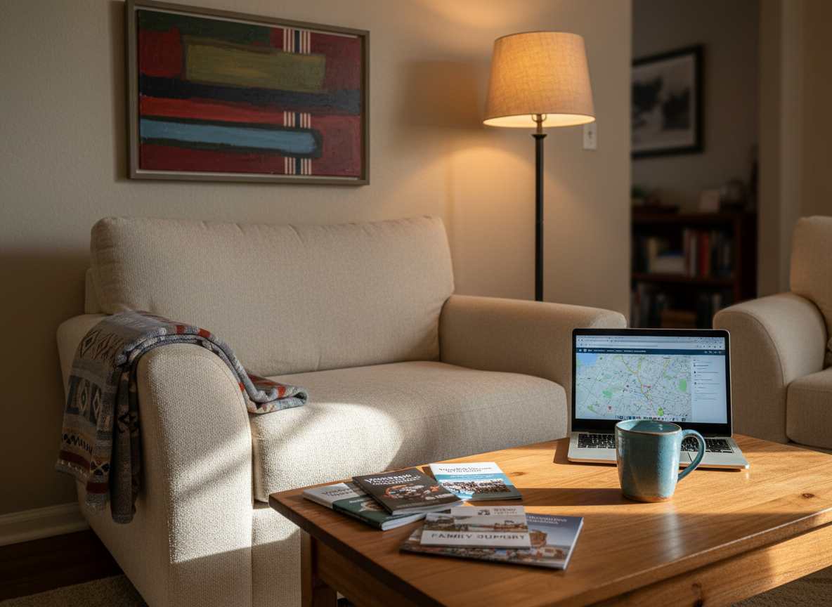 A quiet living room corner with a plush, neutral-toned armchair and a folded, patterned throw blanket draped over one arm, facing a low wooden coffee table covered with neatly stacked brochures, a laptop, and a ceramic mug. A framed abstract artwork in muted reds, blues, and greens hangs on the wall, subtly evoking service ribbons without being literal. Warm evening light from a floor lamp creates a cozy pool of illumination and gentle shadows, while the background remains softly out of focus. Photographic realism at eye level with a slightly off-center composition. The atmosphere is safe, inviting, and supportive, suggesting a space where veterans and families reflect and plan next steps, even though no people are present.
