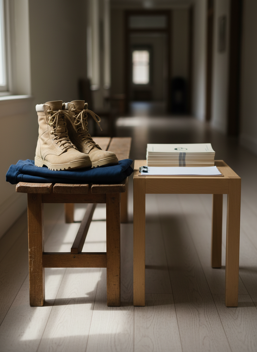 A sturdy, slightly worn pair of desert-tan combat boots neatly placed beside a folded, plain dark-blue jacket on a simple wooden bench in a bright hallway. A clipboard and a neatly stacked set of informational brochures rest on a nearby side table, suggesting access to resources. Soft overcast window light enters from the left, creating a gentle, diffused illumination and mild shadows under the bench. Photographic realism with a centered, slightly elevated composition, sharp focus on the boots and jacket, and a softly blurred corridor extending behind. The atmosphere feels respectful, grounded, and hopeful, suggesting transition from service to civilian support without depicting any people.